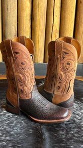 Bota Texana Masculina Goyazes Bico Quadrado Cano Médio Couro Ref:251505-CBP