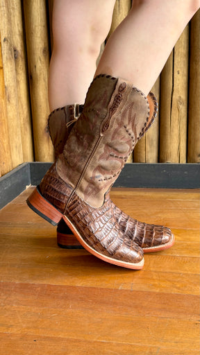 Bota Texana  Feminina Goyazes Bico Quadrado Cano Médio Couro Jacaré Ref:256407-JC
