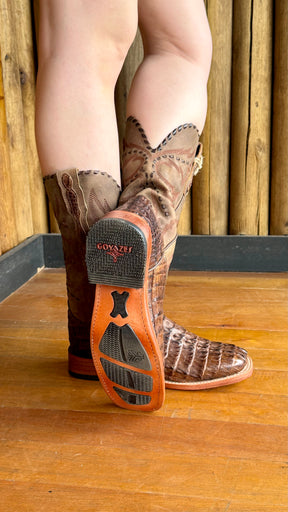Bota Texana  Feminina Goyazes Bico Quadrado Cano Médio Couro Jacaré Ref:256407-JC