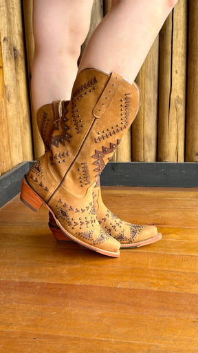 Bota Texana  Feminina Goyazes Bico Fino Cano Médio Couro Ref:256801-CC